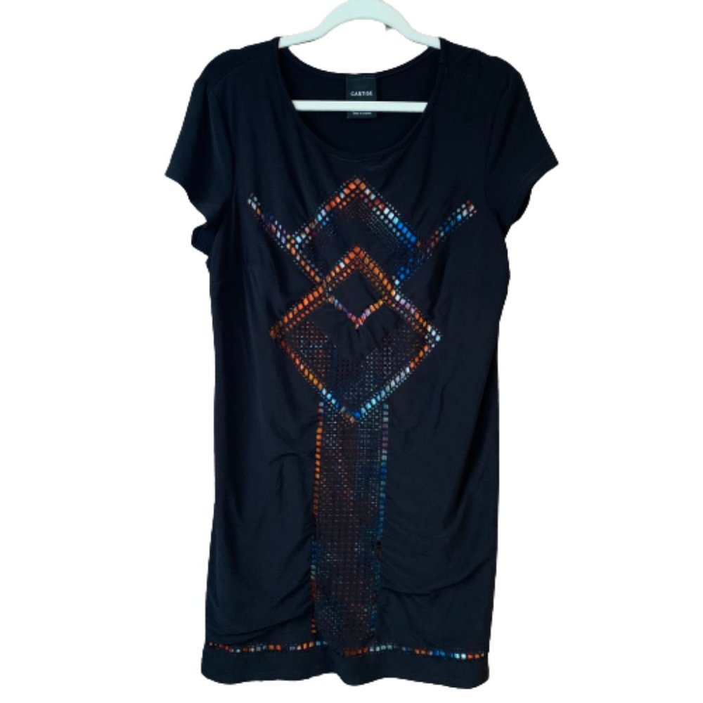 Cartise US 14 Black Stretchy Short Sleeve Women's Multicolor Lined Dress EUC